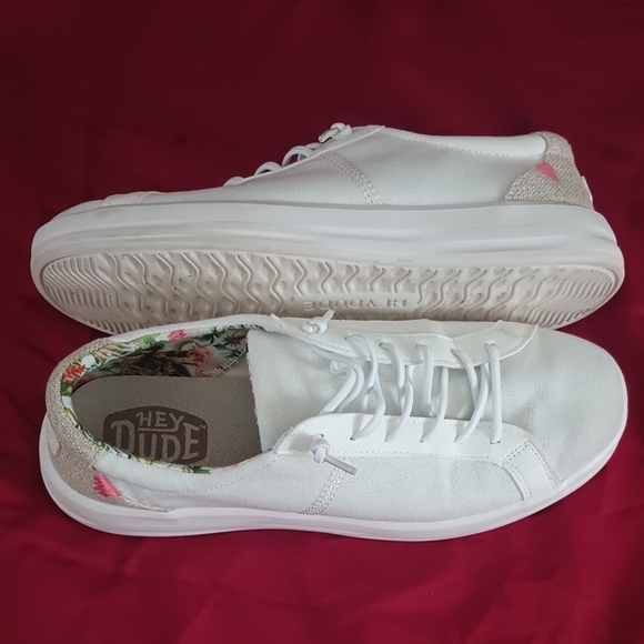 Hey Dude Shoes - Hey Dude Women's White and Pink Sneakers Size 10W Great Condition 🌺 Spring